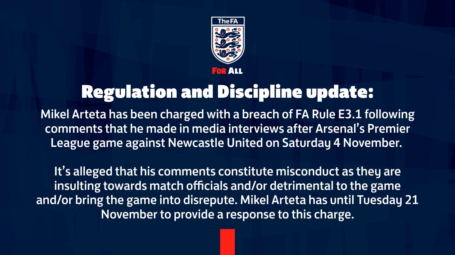 Thông cáo chính thức của FA giành cho Arteta.